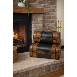 Vintage Suitcases Large & Small Set Green Vinyl Leather Wood, Working Latches